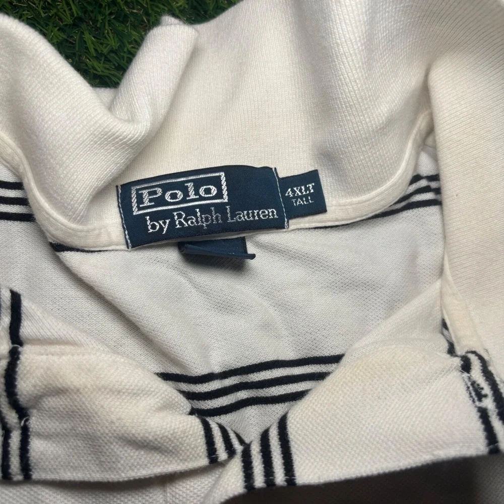 Polo Ralph Lauren Mens 4XLT Tall Striped Polo Shirt White Navy Blue Cotton Pique